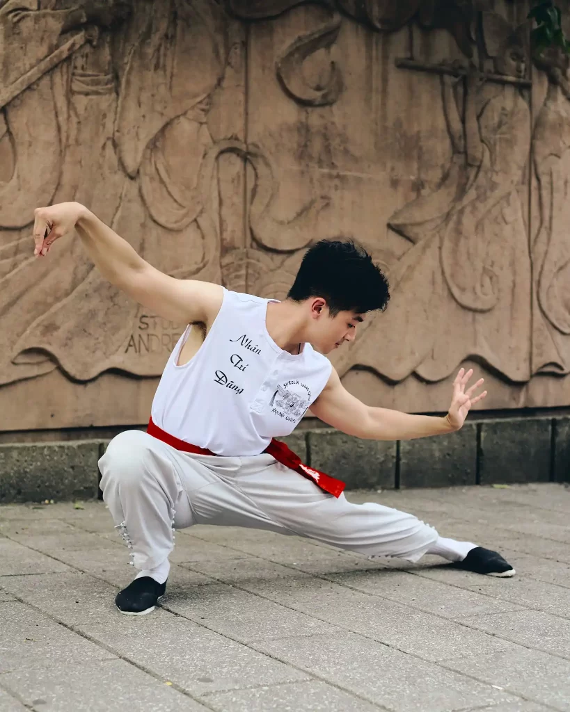 A Shaolin Wing Chun practitioner in a focused pose, embodying the elegance and precision of Crane-inspired techniques, set against a carved stone backdrop.